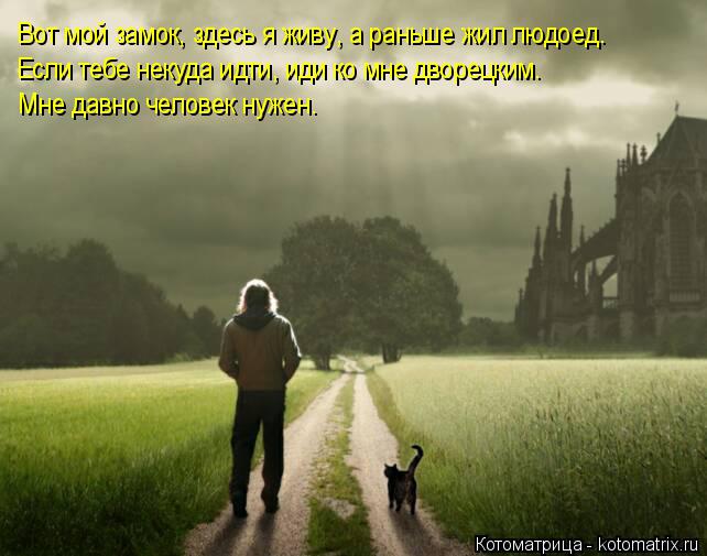 Котоматрица: Вот мой замок, здесь я живу, а раньше жил людоед. Если тебе некуда идти, иди ко мне дворецким. Мне давно человек нужен.
