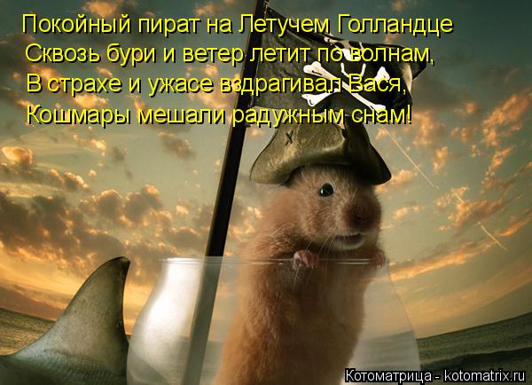 Котоматрица: Покойный пират на Летучем Голландце Сквозь бури и ветер летит по волнам, В страхе и ужасе вздрагивал Вася, Кошмары мешали радужным снам!