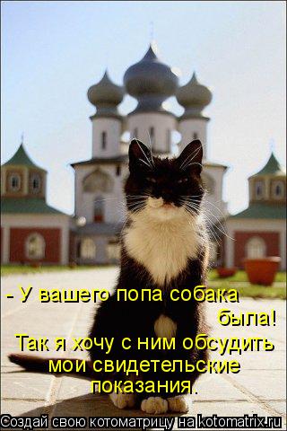 Котоматрица: - У вашего попа собака  была! Так я хочу с ним обсудить мои свидетельские  показания.