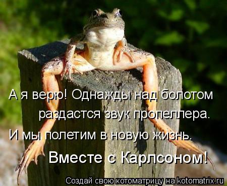 Котоматрица: А я верю! Однажды над болотом  раздастся звук пропеллера. И мы полетим в новую жизнь. Вместе с Карлсоном!