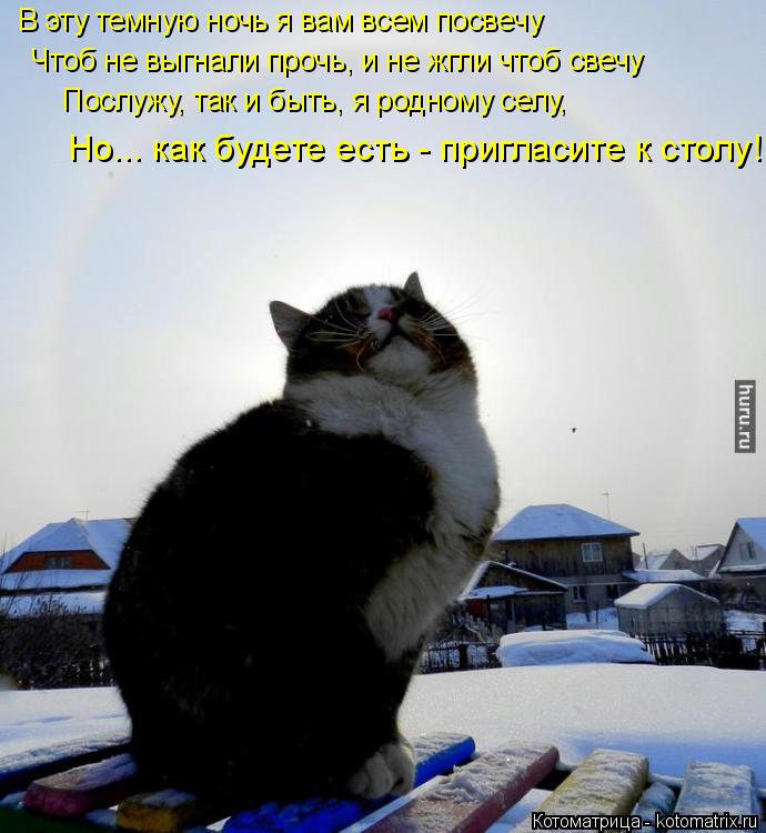 Котоматрица: В эту темную ночь я вам всем посвечу  Чтоб не выгнали прочь, и не жгли чтоб свечу  Послужу, так и быть, я родному селу,  Но... как будете есть - пр