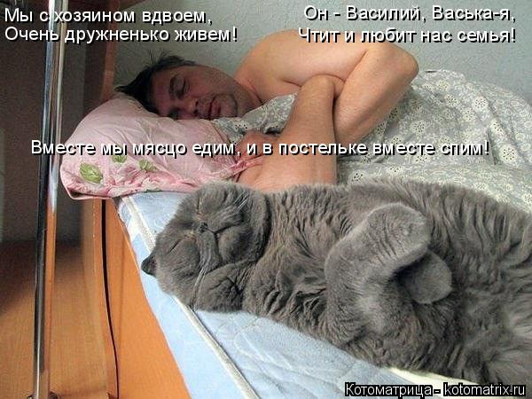 Котоматрица: Мы с хозяином вдвоем, Очень дружненько живем! Он - Василий, Васька-я, Чтит и любит нас семья! Вместе мы мясцо едим, и в постельке вместе спим!