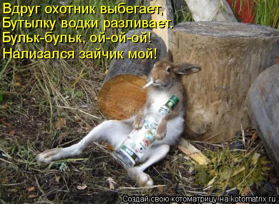 Котоматрица: Вдруг охотник выбегает, Бутылку водки разливает. Бульк-бульк, ой-ой-ой! Нализался зайчик мой!