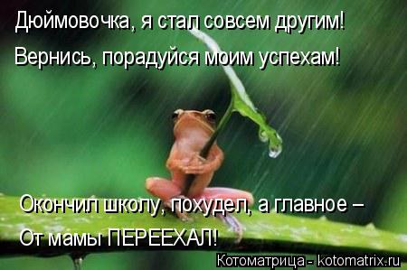 Дюймовочка, я стал совсем другим! Вернись, порадуйся моим успехам! Окончил школу, похудел, а главное ... Котоматрица: Дюймовочка, я стал совсем другим! Вернись, порадуйся моим успехам! Окончил школу, похудел, а главное – От мамы ПЕРЕЕХАЛ!