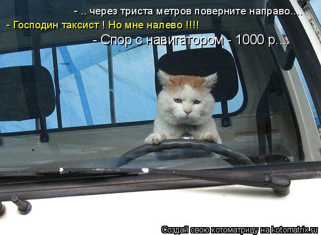 Котоматрица: - .. через триста метров поверните направо.... - Господин таксист ! Но мне налево !!!! - Спор с навигатором - 1000 р....