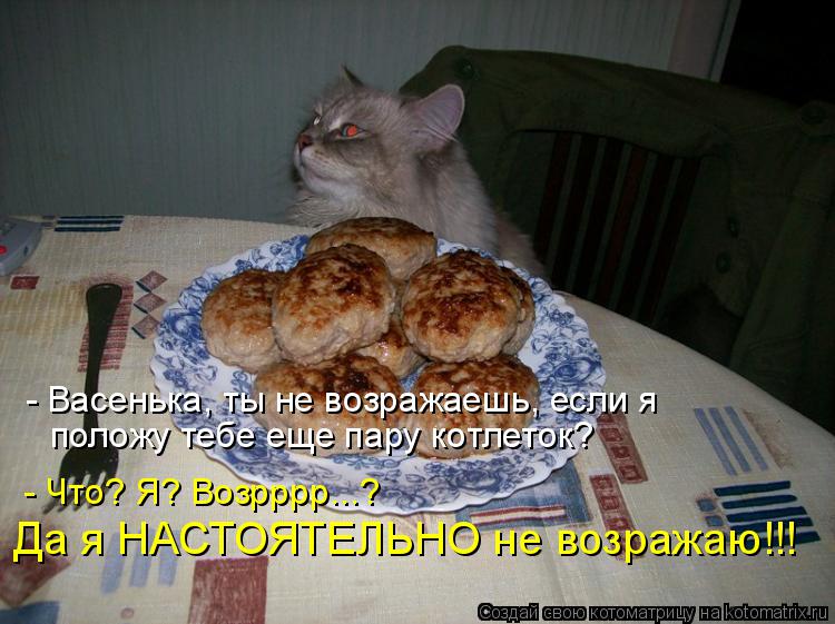 Котоматрица: - Васенька, ты не возражаешь, если я  положу тебе еще пару котлеток? - Что? Я? Возрррр...?  Да я НАСТОЯТЕЛЬНО не возражаю!!!