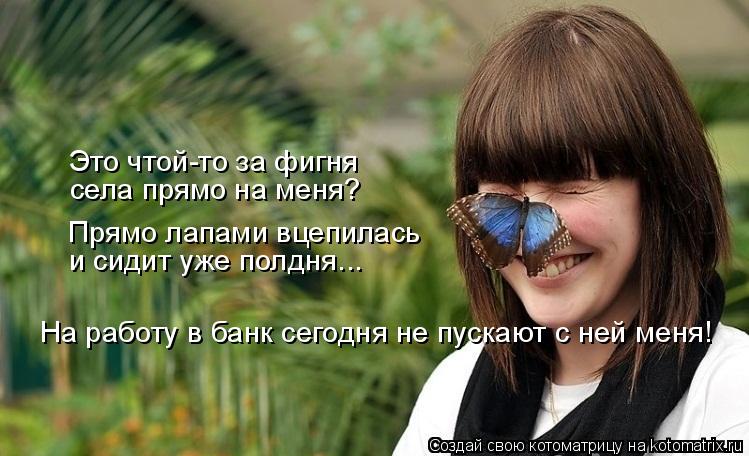 Это чтой-то за фигня села прямо на меня? Прямо лапами вцепилась и сидит уже полдня... На работу в бан... Котоматрица: Это чтой-то за фигня села прямо на меня? Прямо лапами вцепилась и сидит уже полдня... На работу в банк сегодня не пускают с ней меня!