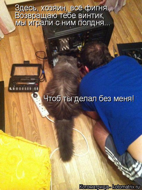 Здесь, хозяин, всё фигня... Возвращаю тебе винтик, мы играли с ним полдня... Чтоб ты делал без меня!... Котоматрица: Здесь, хозяин, всё фигня... Возвращаю тебе винтик, мы играли с ним полдня... Чтоб ты делал без меня!