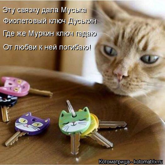 Котоматрица: Эту связку дала Муська Фиолетовый ключ Дуськин Где же Муркин ключ гадаю От любви к ней погибаю!