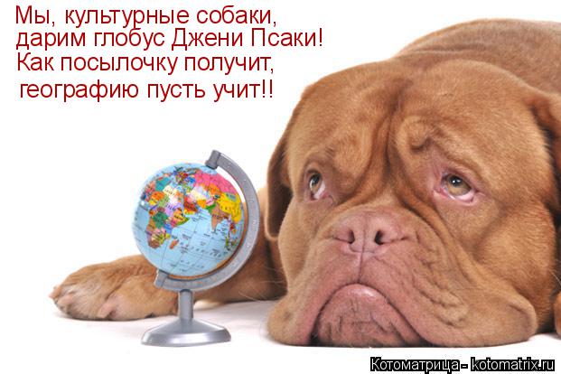 Мы, культурные собаки, дарим глобус Джени Псаки! Как посылочку получит, географию пусть учит!!... Котоматрица: Мы, культурные собаки, дарим глобус Джени Псаки! Как посылочку получит, географию пусть учит!!