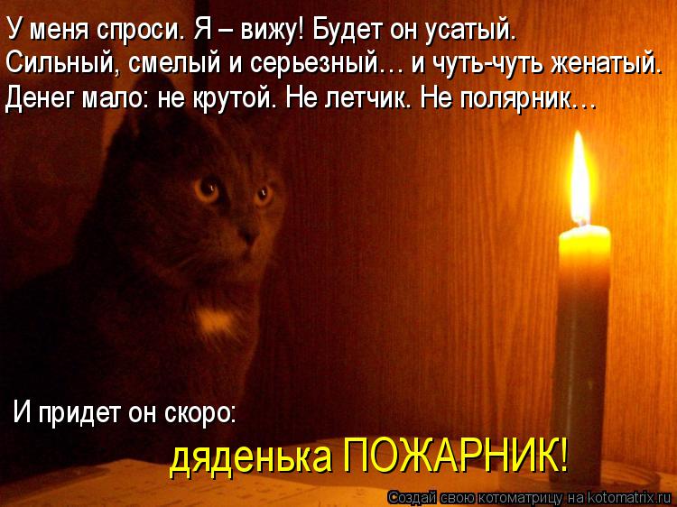 Котоматрица: Сильный, смелый и серьезный… и чуть-чуть женатый. У меня спроси. Я – вижу! Будет он усатый. Денег мало: не крутой. Не летчик. Не полярник… И пр