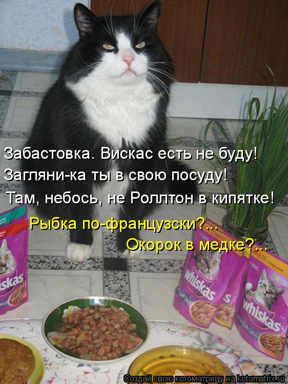 Окорок в медке?... Забастовка. Вискас есть не буду! Загляни-ка ты в свою посуду! Там, небось, не Ролл... Котоматрица: Окорок в медке?... Забастовка. Вискас есть не буду! Загляни-ка ты в свою посуду! Там, небось, не Роллтон в кипятке! Рыбка по-французски?...