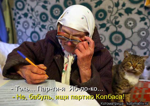 - Тэкь... Пар-ти-я Яб-ло-ко... Не, бабуль, это не наша! - Не, бабуль, ищи партию Колбаса!... Котоматрица: - Тэкь... Пар-ти-я Яб-ло-ко... Не, бабуль, это не наша! - Не, бабуль, ищи партию Колбаса!