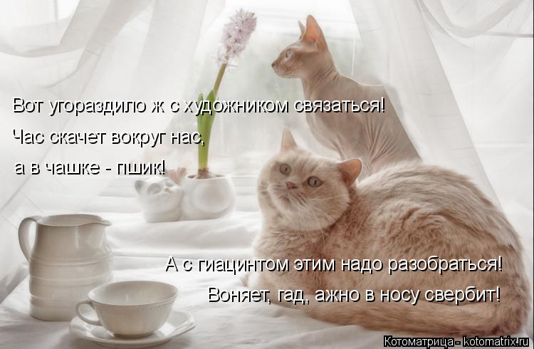 Вот угораздило ж с художником связаться! Час скачет вокруг нас, а в чашке - пшик! А с гиацинтом этим ... Котоматрица: Вот угораздило ж с художником связаться! Час скачет вокруг нас, а в чашке - пшик! А с гиацинтом этим надо разобраться! Воняет, гад, ажно в носу