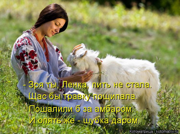 - Зря ты, Ленка, пить не стала. Щас бы травку пощипала. Пошалили б за амбаром. И опять же - шубка дар... Котоматрица: - Зря ты, Ленка, пить не стала. Щас бы травку пощипала. Пошалили б за амбаром. И опять же - шубка даром.