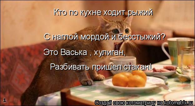 Кто по кухне ходит рыжий С наглой мордой и бесстыжий? Это Васька , хулиган, Разбивать пришел стакан!... Котоматрица: Кто по кухне ходит рыжий С наглой мордой и бесстыжий? Это Васька , хулиган, Разбивать пришел стакан!