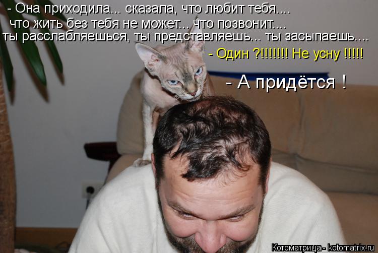 Котоматрица: - Она приходила... сказала, что любит тебя.... что жить без тебя не может... что позвонит.... ты расслабляешься, ты представляешь... ты засыпаешь.... 