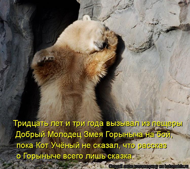 Тридцать лет и три года вызывал из пещеры Добрый Молодец Змея Горыныча на бой, пока Кот Учёный не ск... Котоматрица: Тридцать лет и три года вызывал из пещеры Добрый Молодец Змея Горыныча на бой, пока Кот Учёный не сказал, что рассказ о Горыныче всего лишь