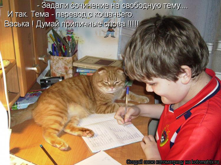 Котоматрица: - Задали сочинение на свободную тему.... И так. Тема - перевод с кошачьего. Васька ! Думай приличные слова !!!!!