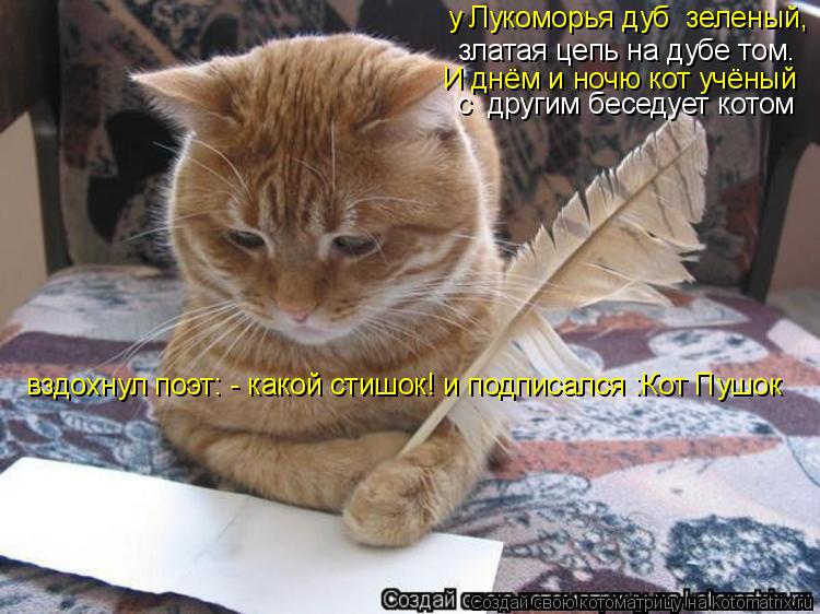 Котоматрица: у Лукоморья дуб  зеленый,        златая цепь на дубе том.       И днём и ночю кот учёный     с  другим беседует котом   вздохнул поэт: - какой стишок! и 