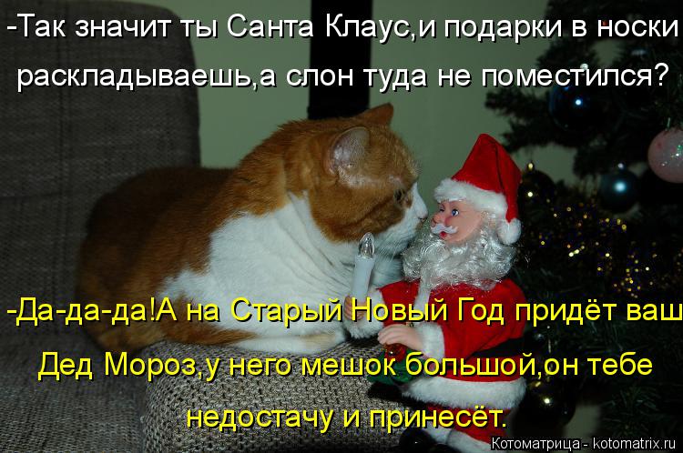 Котоматрица: -Так значит ты Санта Клаус,и подарки в носки раскладываешь,а слон туда не поместился? -Да-да-да!А на Старый Новый Год придёт ваш Дед Мороз,у не