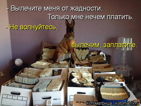 Котоматрица: - Вылечите меня от жадности. Только мне нечем платить. - Не волнуйтесь, вылечим, заплатите.