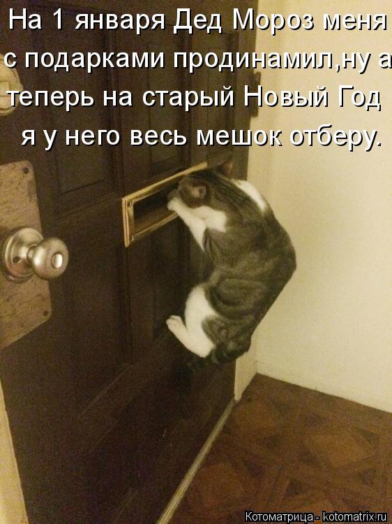 На 1 января Дед Мороз меня с подарками продинамил,ну а теперь на старый Новый Год я у него весь мешо... Котоматрица: На 1 января Дед Мороз меня с подарками продинамил,ну а теперь на старый Новый Год я у него весь мешок отберу.