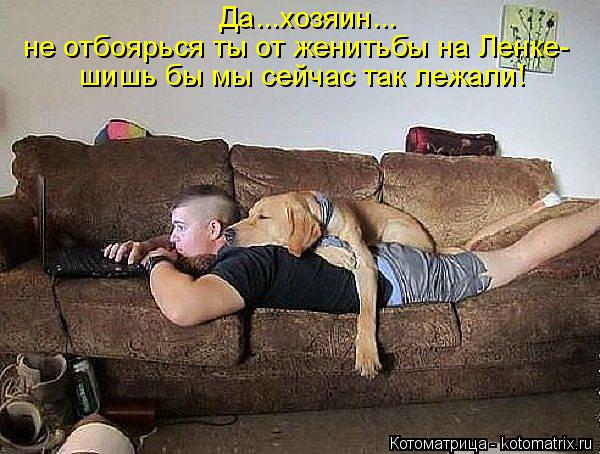 Да...хозяин... не отбоярься ты от женитьбы на Ленке- шишь бы мы сейчас так лежали!... Котоматрица: Да...хозяин... не отбоярься ты от женитьбы на Ленке- шишь бы мы сейчас так лежали!