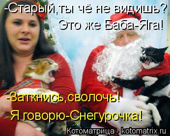 -Старый,ты чё не видишь? Это же Баба-Яга! -Заткнись,сволочь! Я говорю-Снегурочка!... Котоматрица: -Старый,ты чё не видишь? Это же Баба-Яга! -Заткнись,сволочь! Я говорю-Снегурочка!