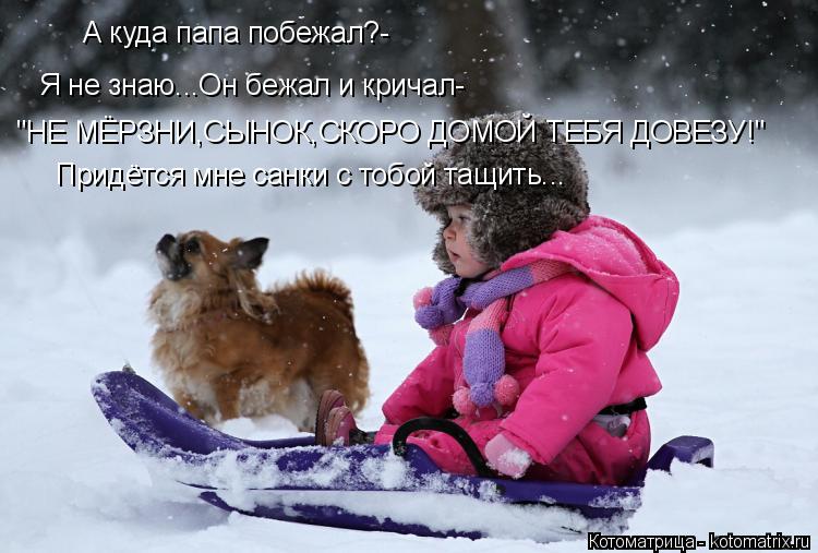 А куда папа побежал?- Я не знаю...Он бежал и кричал- "НЕ МЁРЗНИ,СЫНОК,СКОРО ДОМОЙ ТЕБЯ ДОВЕЗУ!" Придё... Котоматрица: А куда папа побежал?- Я не знаю...Он бежал и кричал- "НЕ МЁРЗНИ,СЫНОК,СКОРО ДОМОЙ ТЕБЯ ДОВЕЗУ!" Придётся мне санки с тобой тащить...
