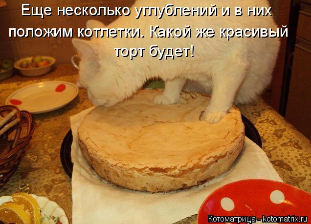 Котоматрица: Еще несколько углублений и в них положим котлетки. Какой же красивый торт будет!