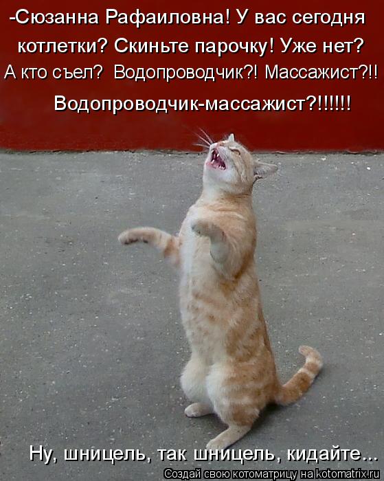 -Сюзанна Рафаиловна! У вас сегодня котлетки? Скиньте парочку! Уже нет? А кто съел? Водопроводчик?! М... Котоматрица: -Сюзанна Рафаиловна! У вас сегодня котлетки? Скиньте парочку! Уже нет? А кто съел? Водопроводчик?! Массажист?!! Водопроводчик-массажист?!!!!!!
