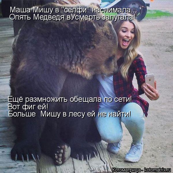 Котоматрица: Маша Мишу в "селфи" наснимала... Опять Медведя вУсмерть запугала! Ещё размножить обещала по сети! Вот фиг ей!  Больше  Мишу в лесу ей не найти!