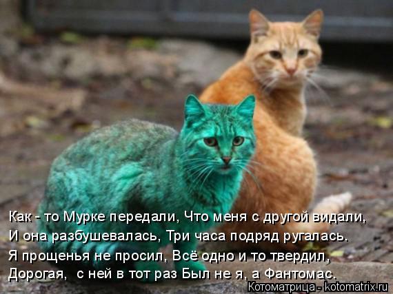 Дорогая, с ней в тот раз Был не я, а Фантомас. Я прощенья не просил, Всё одно и то твердил, И она ра... Котоматрица: Дорогая, с ней в тот раз Был не я, а Фантомас. Я прощенья не просил, Всё одно и то твердил, И она разбушевалась, Три часа подряд ругалась. Как -