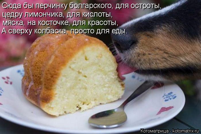 мяска, на косточке, для красоты, Сюда бы перчинку болгарского, для остроты, цедру лимончика, для кисл... Котоматрица: мяска, на косточке, для красоты, Сюда бы перчинку болгарского, для остроты, цедру лимончика, для кислоты, А сверху колбаска, просто для еды.
