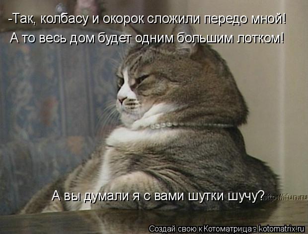 -Так, колбасу и окорок сложили передо мной! А то весь дом будет одним большим лотком! А вы думали я с... Котоматрица: -Так, колбасу и окорок сложили передо мной! А то весь дом будет одним большим лотком! А вы думали я с вами шутки шучу?