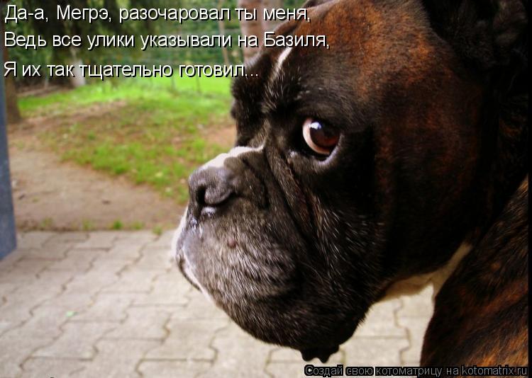Да-а, Мегрэ, разочаровал ты меня, Ведь все улики указывали на Базиля, Я их так тщательно готовил...... Котоматрица: Да-а, Мегрэ, разочаровал ты меня, Ведь все улики указывали на Базиля, Я их так тщательно готовил...