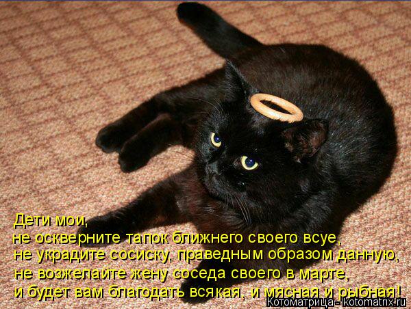 не украдите сосиску, праведным образом данную, Дети мои, не оскверните тапок ближнего своего всуе, не... Котоматрица: не украдите сосиску, праведным образом данную, Дети мои, не оскверните тапок ближнего своего всуе, не возжелайте жену соседа своего в марте,