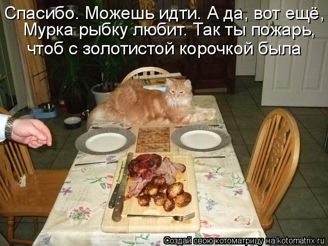 Котоматрица: Спасибо. Можешь идти. А да, вот ещё, Мурка рыбку любит. Так ты пожарь, чтоб с золотистой корочкой была