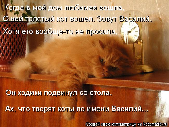 Котоматрица: Когда в мой дом любимая вошла, С ней толстый кот вошел. Зовут Василий. Хотя его вообще-то не просили, Он ходики подвинул со стола. Ах, что твор