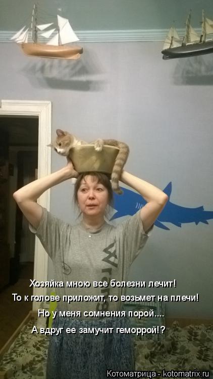 То к голове приложит, то возьмет на плечи! Хозяйка мною все болезни лечит! Но у меня сомнения порой..... Котоматрица: То к голове приложит, то возьмет на плечи! Хозяйка мною все болезни лечит! Но у меня сомнения порой.... А вдруг ее замучит геморрой!?