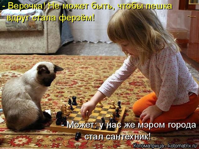 - Верочка! Не может быть, чтобы пешка вдруг стала ферзём! - Может: у нас же мэром города стал сантех... Котоматрица: - Верочка! Не может быть, чтобы пешка вдруг стала ферзём! - Может: у нас же мэром города стал сантехник!