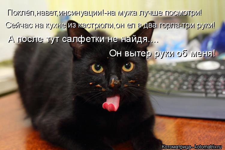 Поклёп,навет,инсинуации!-на мужа лучше посмотри! Сейчас на кухне из кастрюли,он ел в два горла-три ру... Котоматрица: Поклёп,навет,инсинуации!-на мужа лучше посмотри! Сейчас на кухне из кастрюли,он ел в два горла-три руки! А после тут салфетки не найдя.... Он вы