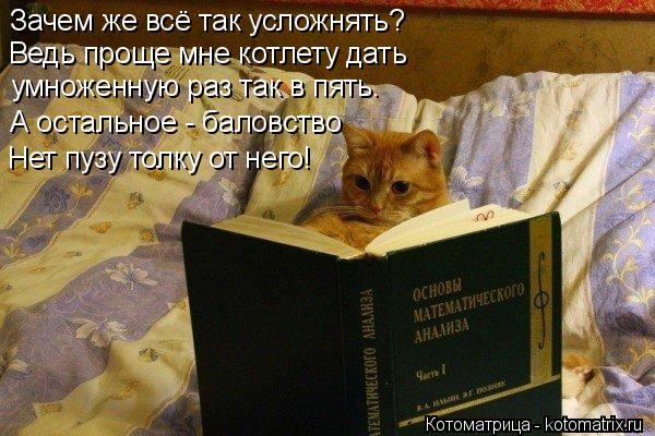 Зачем же всё так усложнять? Ведь проще мне котлету дать умноженную раз так в пять. А остальное - бало... Котоматрица: Зачем же всё так усложнять? Ведь проще мне котлету дать умноженную раз так в пять. А остальное - баловство Нет пузу толку от него!