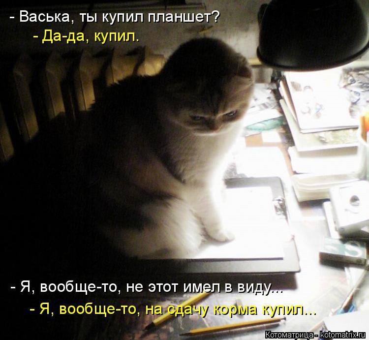 - Васька, ты купил планшет? - Да-да, купил. - Я, вообще-то, не этот имел в виду... - Я, вообще-то, на... Котоматрица: - Васька, ты купил планшет? - Да-да, купил. - Я, вообще-то, не этот имел в виду... - Я, вообще-то, на сдачу корма купил...