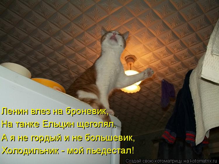 Ленин влез на броневик, На танке Ельцин щеголял. А я не гордый и не большевик, Холодильник - мой пьед... Котоматрица: Ленин влез на броневик, На танке Ельцин щеголял. А я не гордый и не большевик, Холодильник - мой пьедестал!