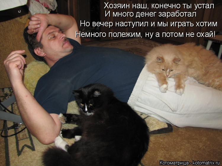Котоматрица: Хозяин наш, конечно ты устал И много денег заработал Но вечер наступил и мы играть хотим Немного полежим, ну а потом не охай!