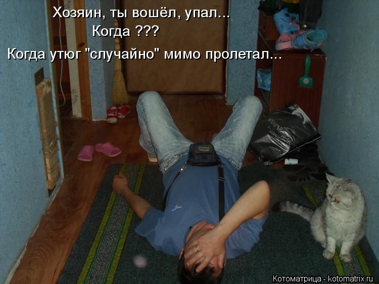 Котоматрица: Хозяин, ты вошёл, упал... Когда ??? Когда утюг "случайно" мимо пролетал...