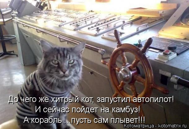 И сейчас пойдет на камбуз! А корабль ...пусть сам плывет!!! До чего же хитрый кот, запустил автопилот... Котоматрица: И сейчас пойдет на камбуз! А корабль ...пусть сам плывет!!! До чего же хитрый кот, запустил автопилот!