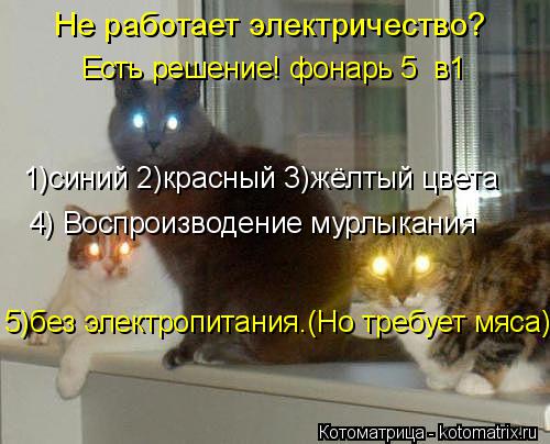 Не работает электричество? 1)синий 2)красный 3)жёлтый цвета 4) Воспроизводение мурлыкания Есть решени... Котоматрица: Не работает электричество? 1)синий 2)красный 3)жёлтый цвета 4) Воспроизводение мурлыкания Есть решение! фонарь 5 в1 5)без электропитания.(Но тр